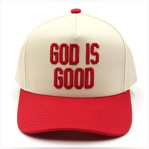 GOD IS GOOD Red & Cream with Embroidered Text